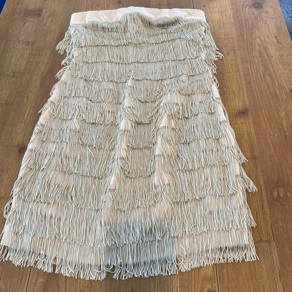 Jay Godfrey Mini Silk Fringe Strapless Dress Tan - Picture 3 of 12